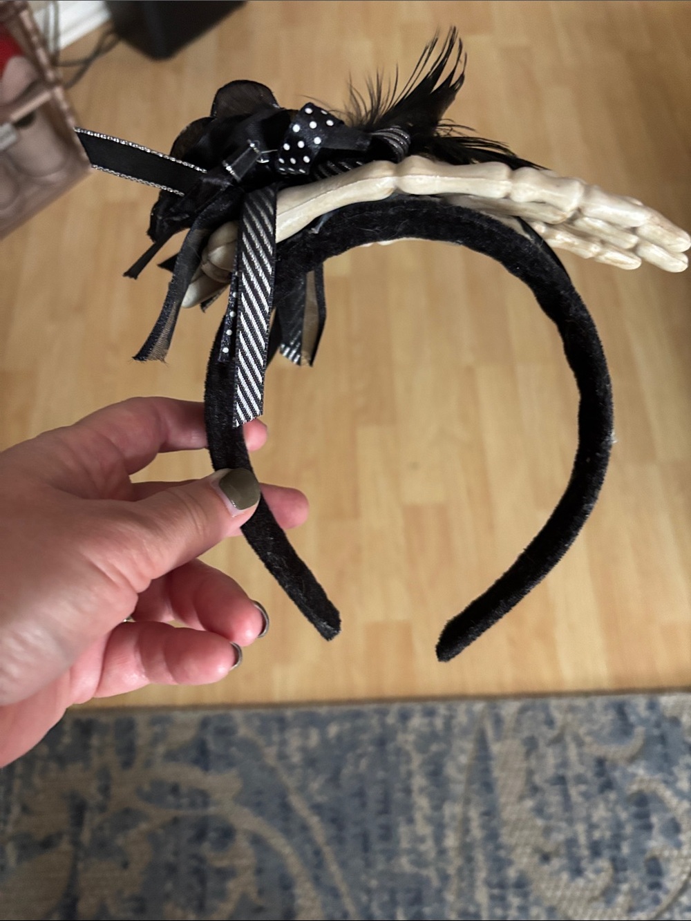 Halloween Soft Fabric Wrapped Headband with Skeleton Hand & Black Rose Accent